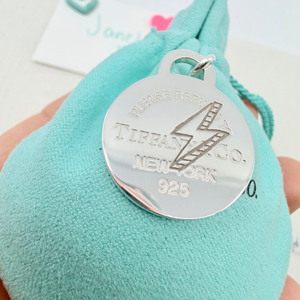 Tiffany & Co. LARGE Etched Lightening Bolt Round Tag Charm Silver - Picture 2 of 5